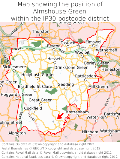Map showing location of Almshouse Green within IP30