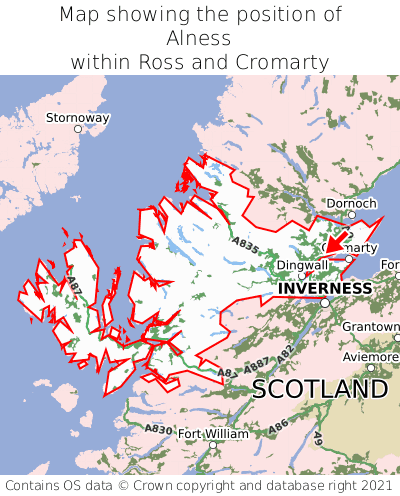 Map showing location of Alness within Ross and Cromarty
