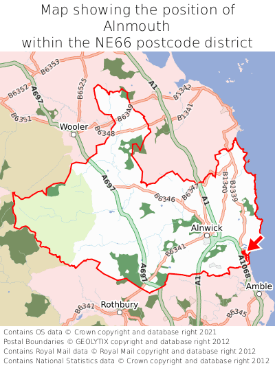 Map showing location of Alnmouth within NE66