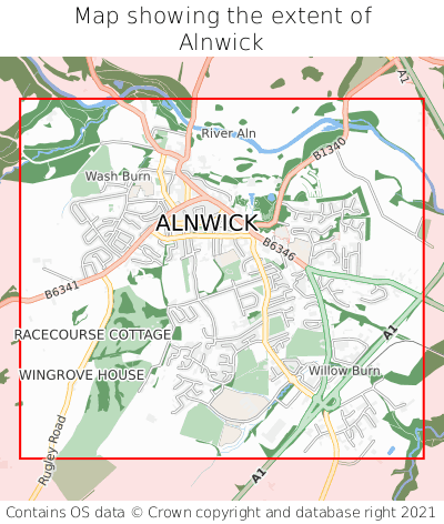 Map showing extent of Alnwick as bounding box