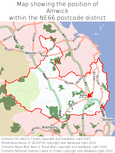 Map showing location of Alnwick within NE66