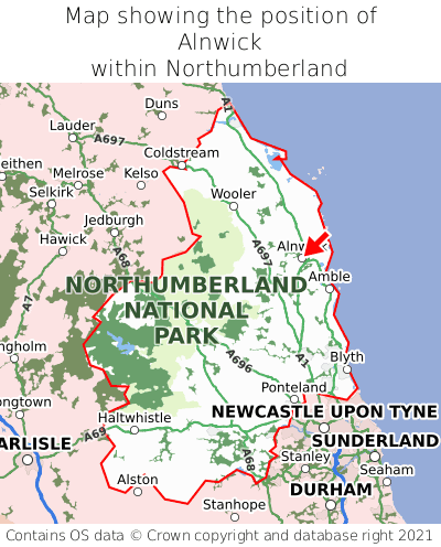 Map showing location of Alnwick within Northumberland