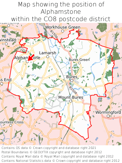 Map showing location of Alphamstone within CO8