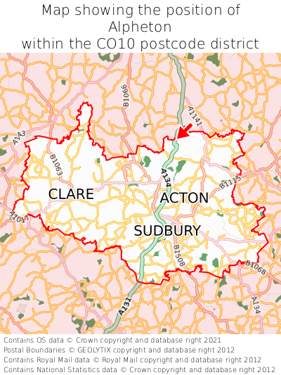 Map showing location of Alpheton within CO10