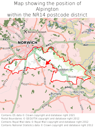 Map showing location of Alpington within NR14