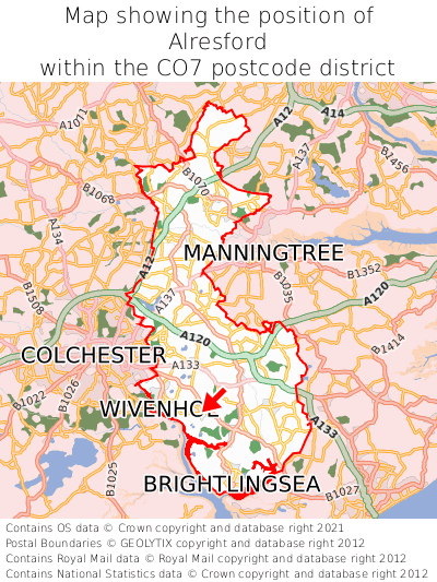 Map showing location of Alresford within CO7