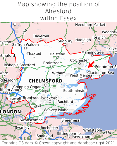 Map showing location of Alresford within Essex