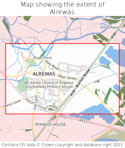 Map showing extent of Alrewas as bounding box