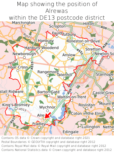 Map showing location of Alrewas within DE13