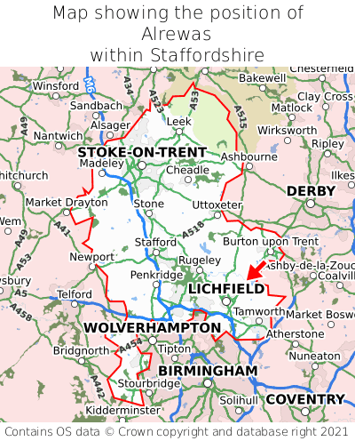 Map showing location of Alrewas within Staffordshire