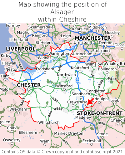 Map showing location of Alsager within Cheshire