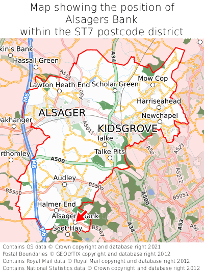 Map showing location of Alsagers Bank within ST7