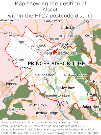 Map showing location of Alscot within HP27