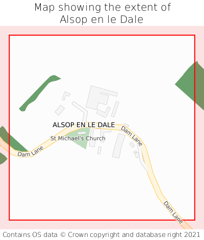 Map showing extent of Alsop en le Dale as bounding box