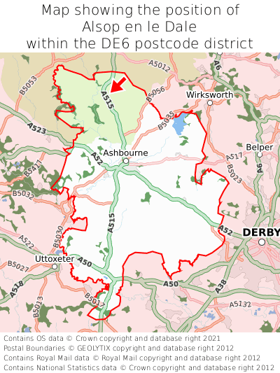 Map showing location of Alsop en le Dale within DE6