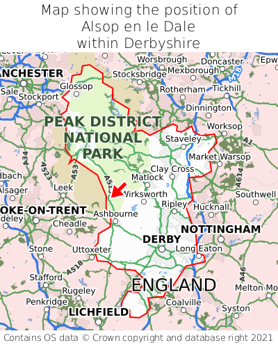 Map showing location of Alsop en le Dale within Derbyshire