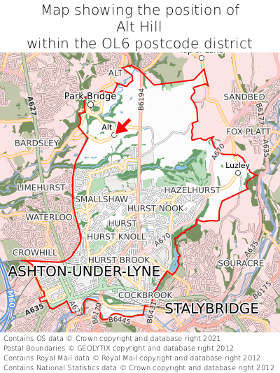 Map showing location of Alt Hill within OL6