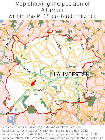 Map showing location of Altarnun within PL15