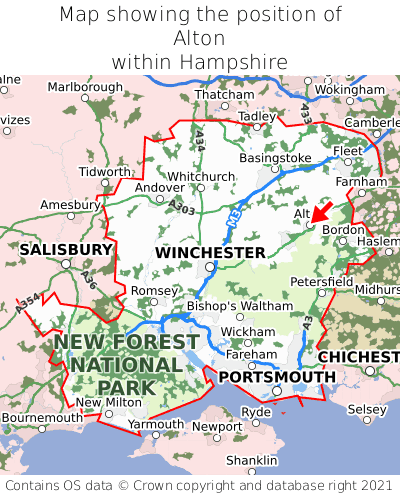 Map showing location of Alton within Hampshire