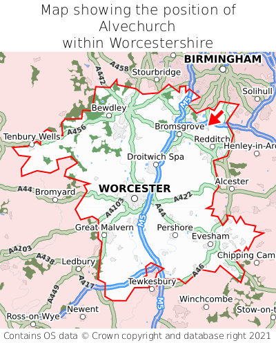 Map showing location of Alvechurch within Worcestershire