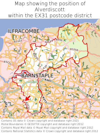 Map showing location of Alverdiscott within EX31