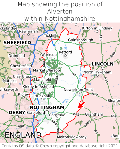 Map showing location of Alverton within Nottinghamshire