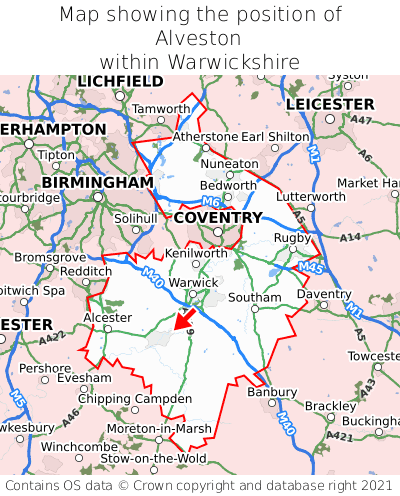 Map showing location of Alveston within Warwickshire