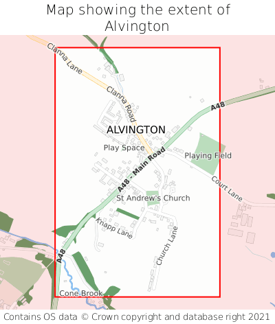 Map showing extent of Alvington as bounding box