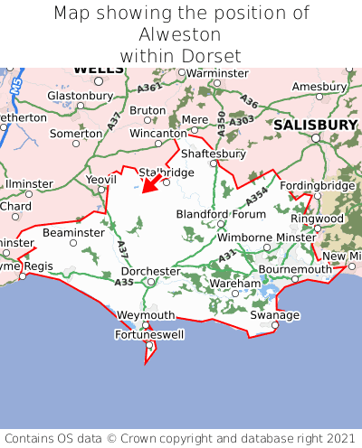 Map showing location of Alweston within Dorset