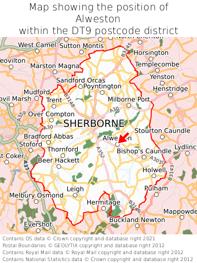 Map showing location of Alweston within DT9
