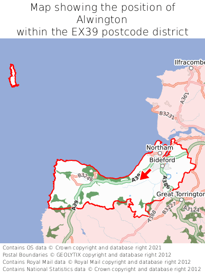 Map showing location of Alwington within EX39
