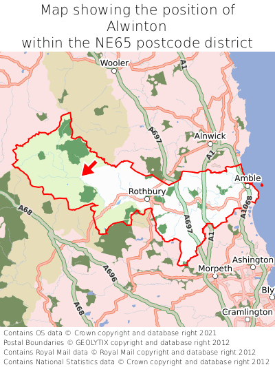 Map showing location of Alwinton within NE65