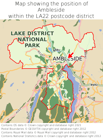 Map showing location of Ambleside within LA22