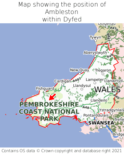 Map showing location of Ambleston within Dyfed