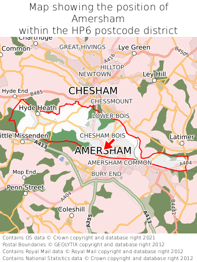 Map showing location of Amersham within HP6