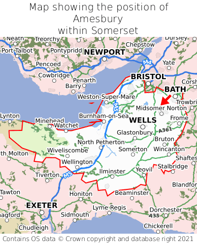 Map showing location of Amesbury within Somerset