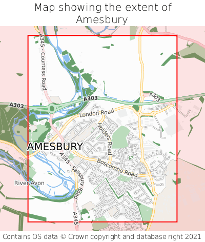 Map showing extent of Amesbury as bounding box