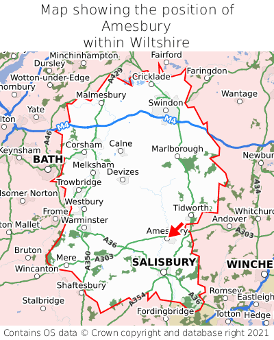 Map showing location of Amesbury within Wiltshire