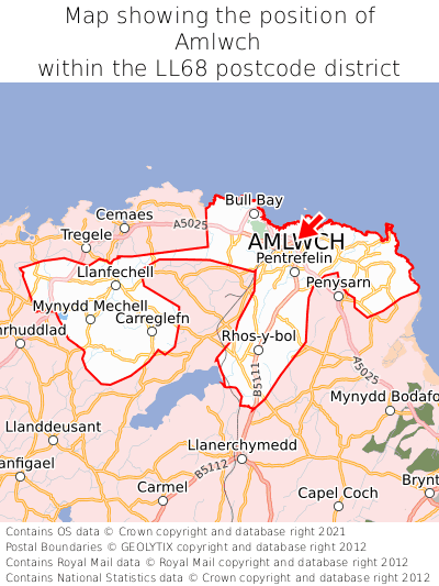 Map showing location of Amlwch within LL68