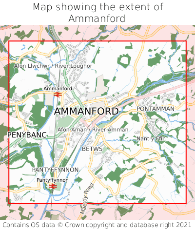 Map showing extent of Ammanford as bounding box