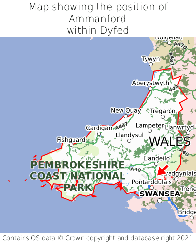 Map showing location of Ammanford within Dyfed
