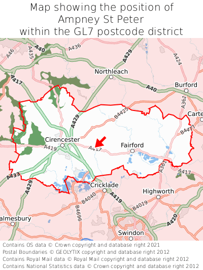 Map showing location of Ampney St Peter within GL7