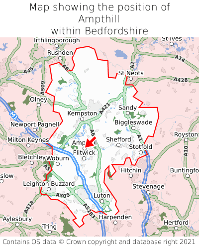Map showing location of Ampthill within Bedfordshire