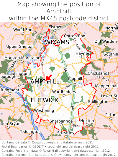 Map showing location of Ampthill within MK45