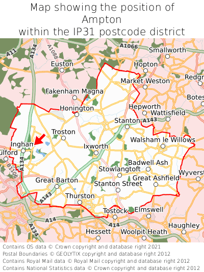 Map showing location of Ampton within IP31