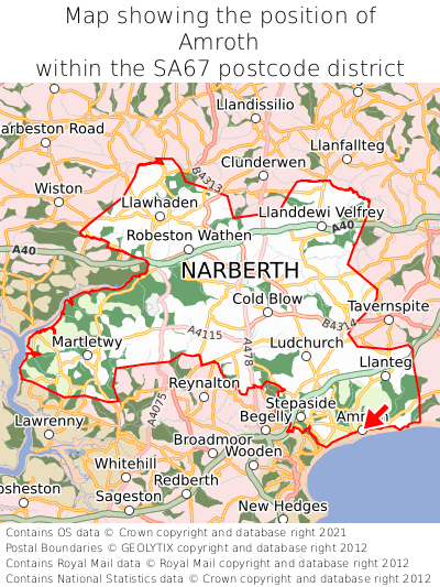 Map showing location of Amroth within SA67