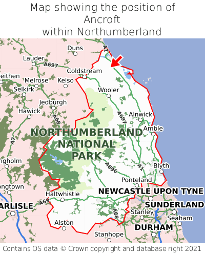 Map showing location of Ancroft within Northumberland