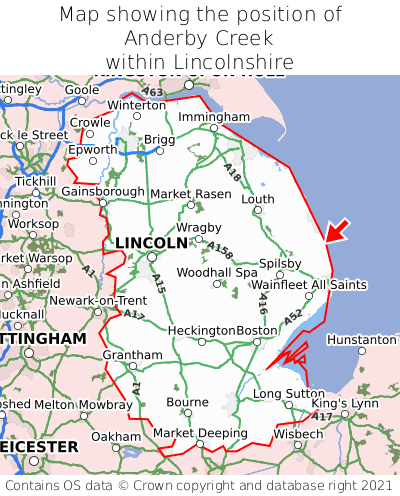 Map showing location of Anderby Creek within Lincolnshire