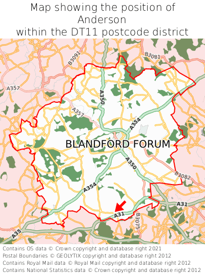 Map showing location of Anderson within DT11