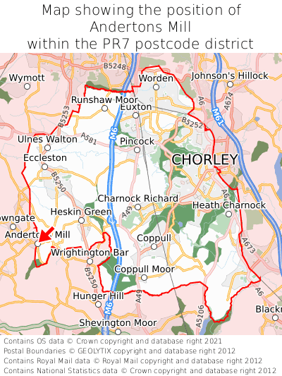 Map showing location of Andertons Mill within PR7